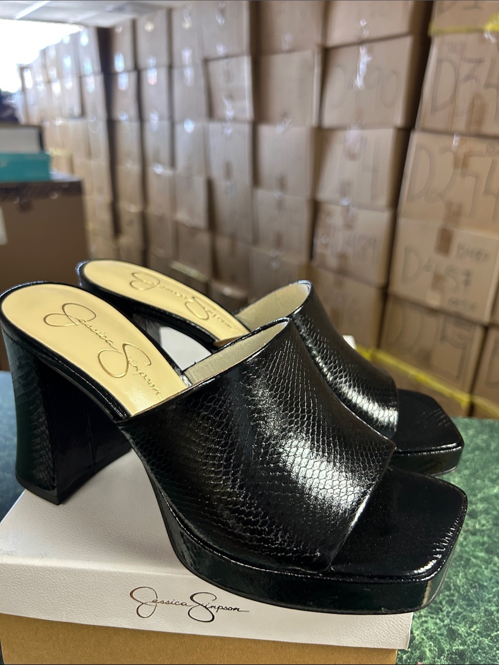 Jessica Simpson Black Faux-Snakeskin Block Heel Mules